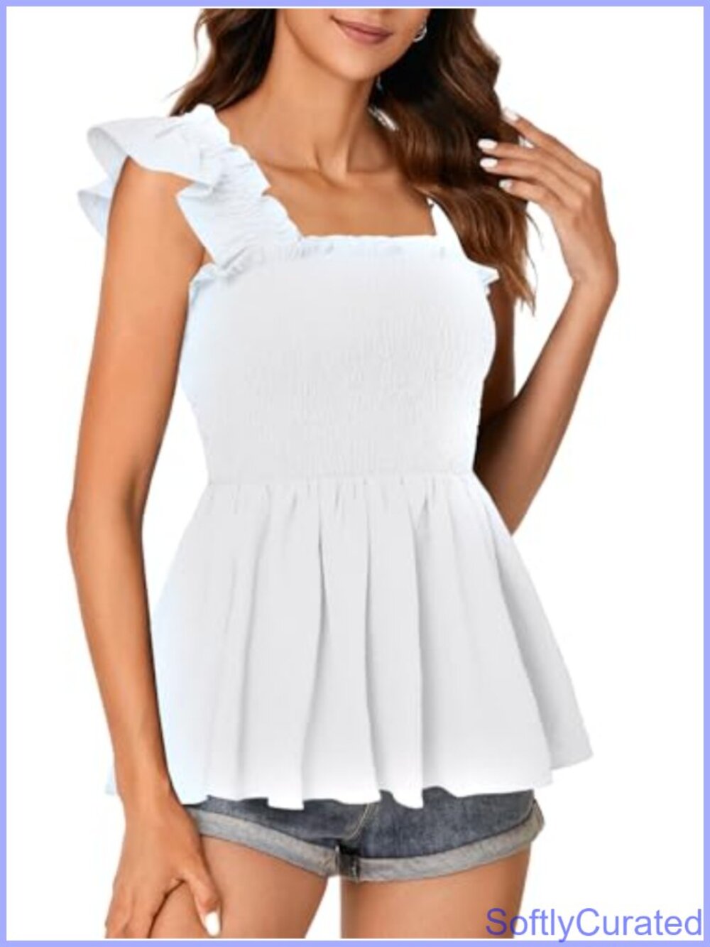 Smocked Square Neck Peplum Cami Blouse Ruffle Hem - Picture 2 of 6